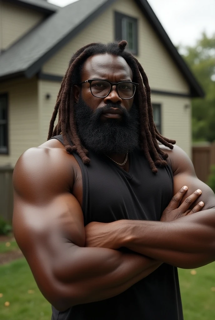 Hyperrealistic image of an African man., a superhero with his chest dripping cream, very old and very sweaty, very gray-haired bodybuilder with dreadlocks, more than 80 years, very muscular and fat, more than 200 kilos, with bare torso, big, flaccid tattooed pectorales, huge, brown nipples gray whiskers wearing a red lace thong in a fountain full of water lilies