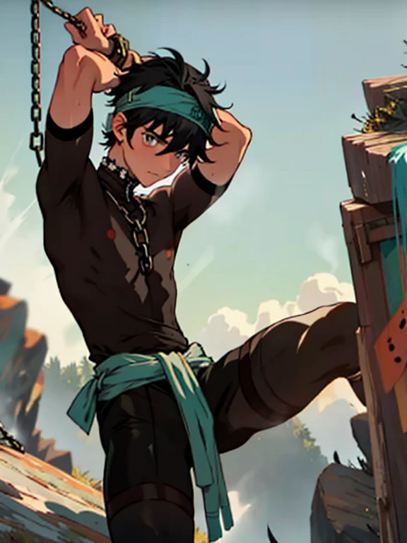  bangs hanging over a teal headband　 Naked Boy 　black tea bag 　 Boy Heated by Heat 　 is sweating　Large pupils　Boy in Black Tights 　 Boy Caught in Chains 　 Black Hair 　 Boy Hanging on a Cliff 