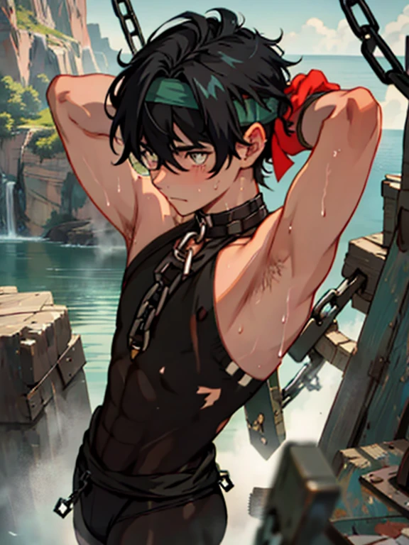  bangs hanging over a teal headband　 Naked Boy 　black tea bag 　 Boy Heated by Heat 　 is sweating　Large pupils　Boy in Black Tights 　 Boy Caught in Chains 　 Black Hair 　 Boy Hanging on a Cliff 