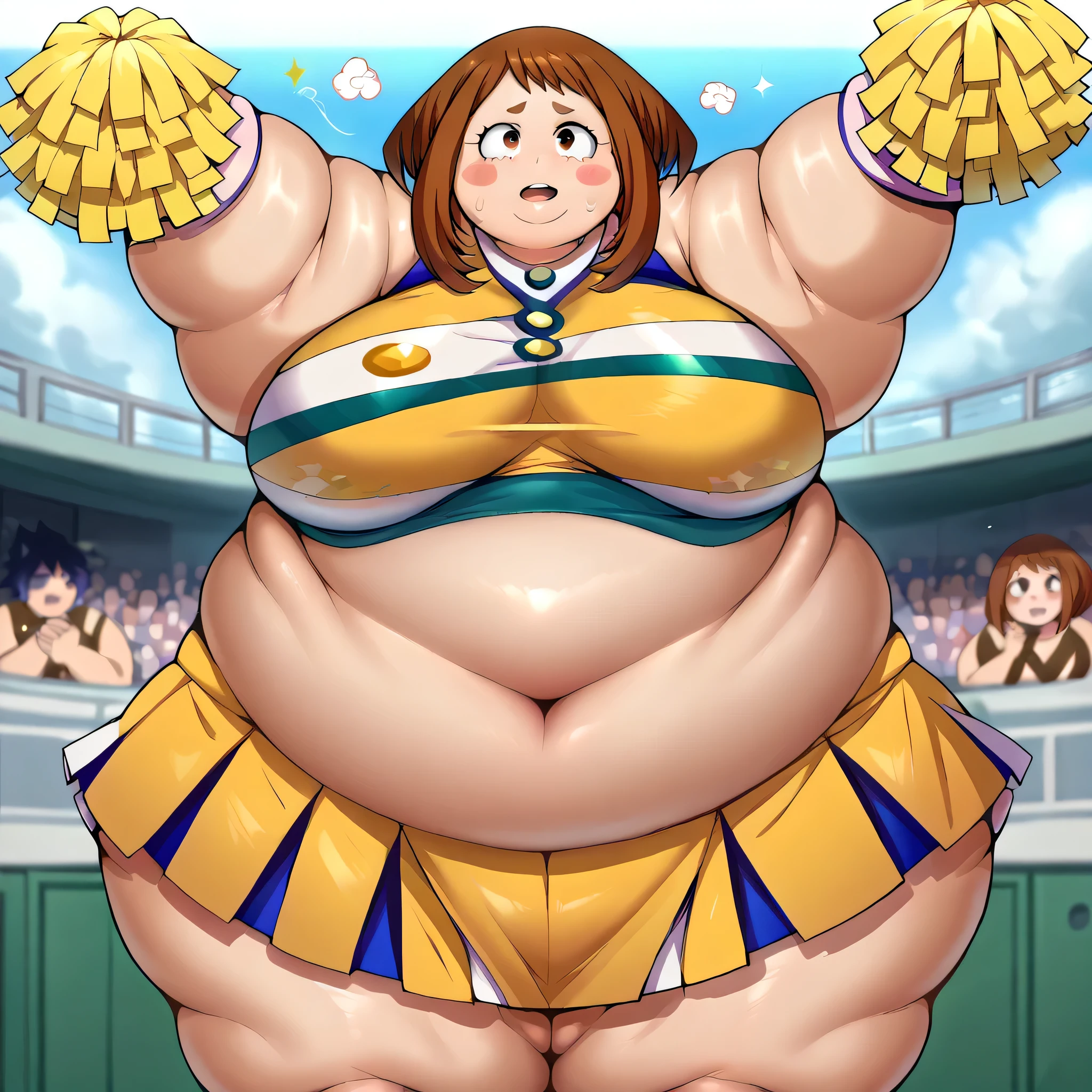 score_9, score_8_up, score_7_up, ochakouraraka, ochako uraraka, brown eyes, brown hair, short hair, blush, blush stickers, hall, Cheerleading,
cheerleading uniform, fat, chubby, obese, gigantic arms and legs,  