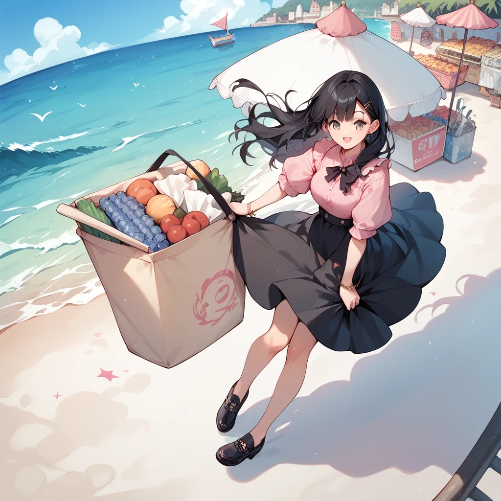  1 girl, Black Hair, long hair , pink shirt, black skirt, ruffled clothes ,sea,port,port町,market,shopping