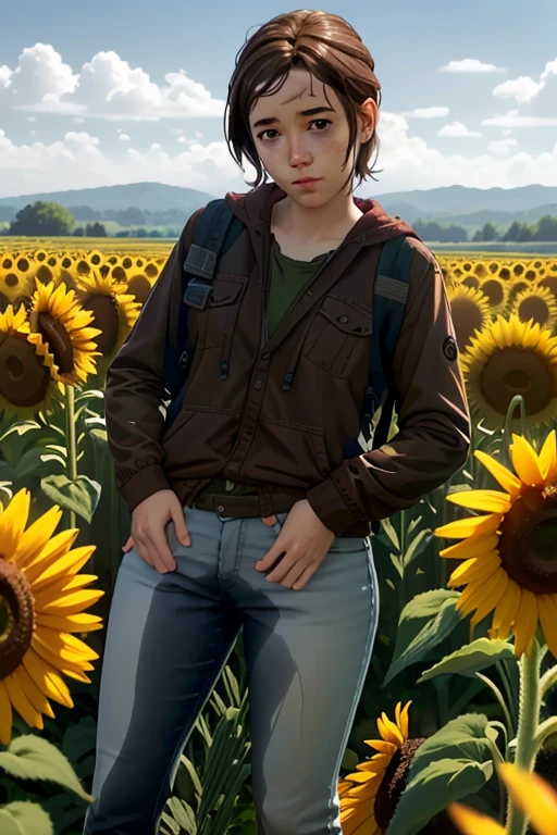 ((master part, best quality))
TLOUEllie, 1girl, sozinho, brown hair, cabelos longos, olhos verdes, surrounded by sunflowers in a bright field, sorridente, with hands on hips