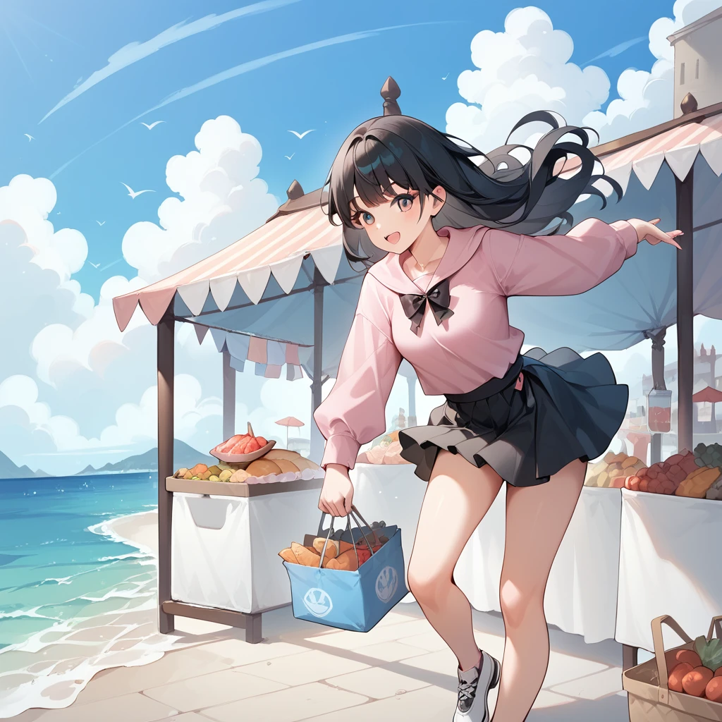  1 girl, Black Hair, long hair , pink shirt, black skirt, ruffled clothes ,sea,port,port町,漁port,market,shopping