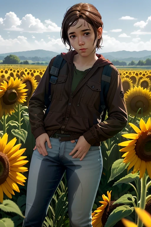 ((master part, best quality))
TLOUEllie, 1girl, sozinho, brown hair, cabelos longos, olhos verdes, surrounded by sunflowers in a bright field, sorridente, with hands on hips