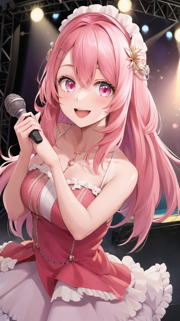 masterpiece, best quality, highres, 1girl, solo, long hair, pink hair, hairclip, bangs, pink eyes, dress, mini hat, idol clothes, smile, open mouth, stage, holding microphone,