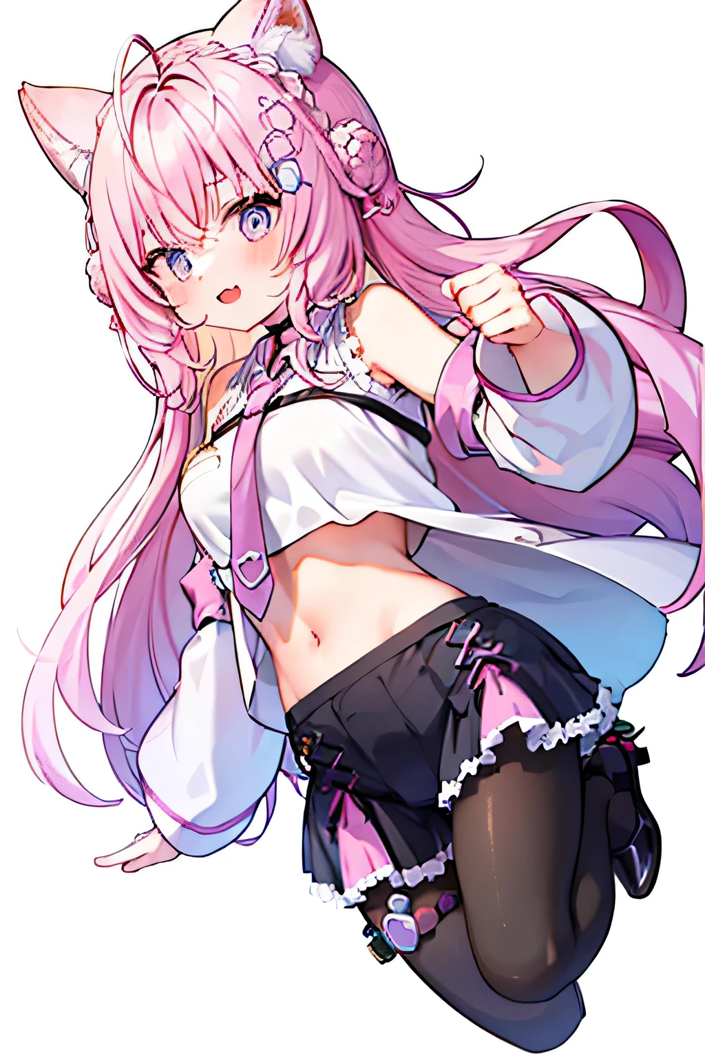 pink letterman jacket, pink hair, short hair, wolf ear, purple eyes, black long pants, full body, high quality, run way, White background, ボタンのディテール, ボリュームのある髪,