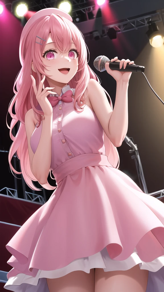 masterpiece, best quality, highres, 1girl, solo, long hair, pink hair, hairclip, bangs, pink eyes, dress, mini hat, idol clothes, smile, open mouth, stage, holding microphone,