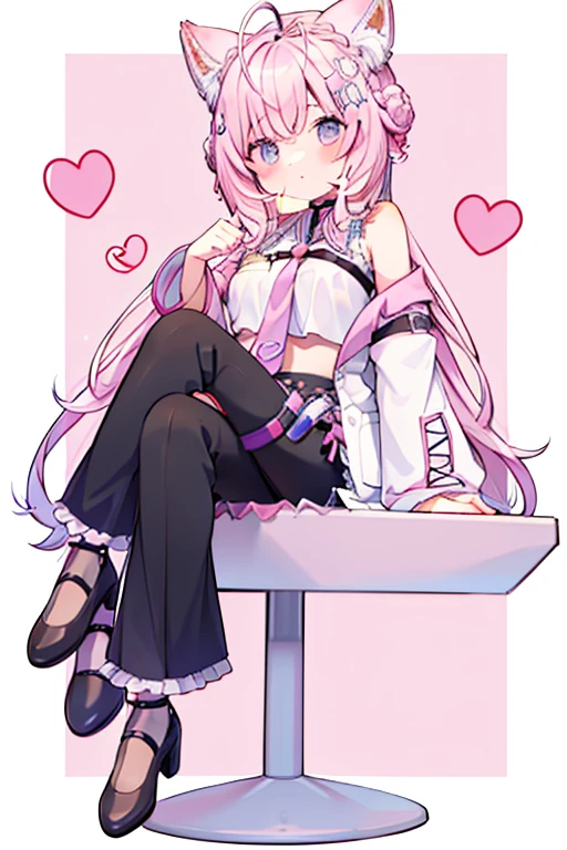 pink letterman jacket, pink hair, short hair, wolf ear, purple eyes, black long pants, full body, high quality, sitting, White background, ボタンのディテール, ボリュームのある髪,