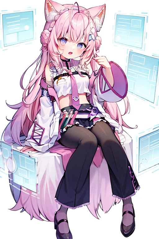 pink letterman jacket, pink hair, short hair, wolf ear, purple eyes, black long pants, full body, high quality, sitting, White background, ボタンのディテール, ボリュームのある髪,