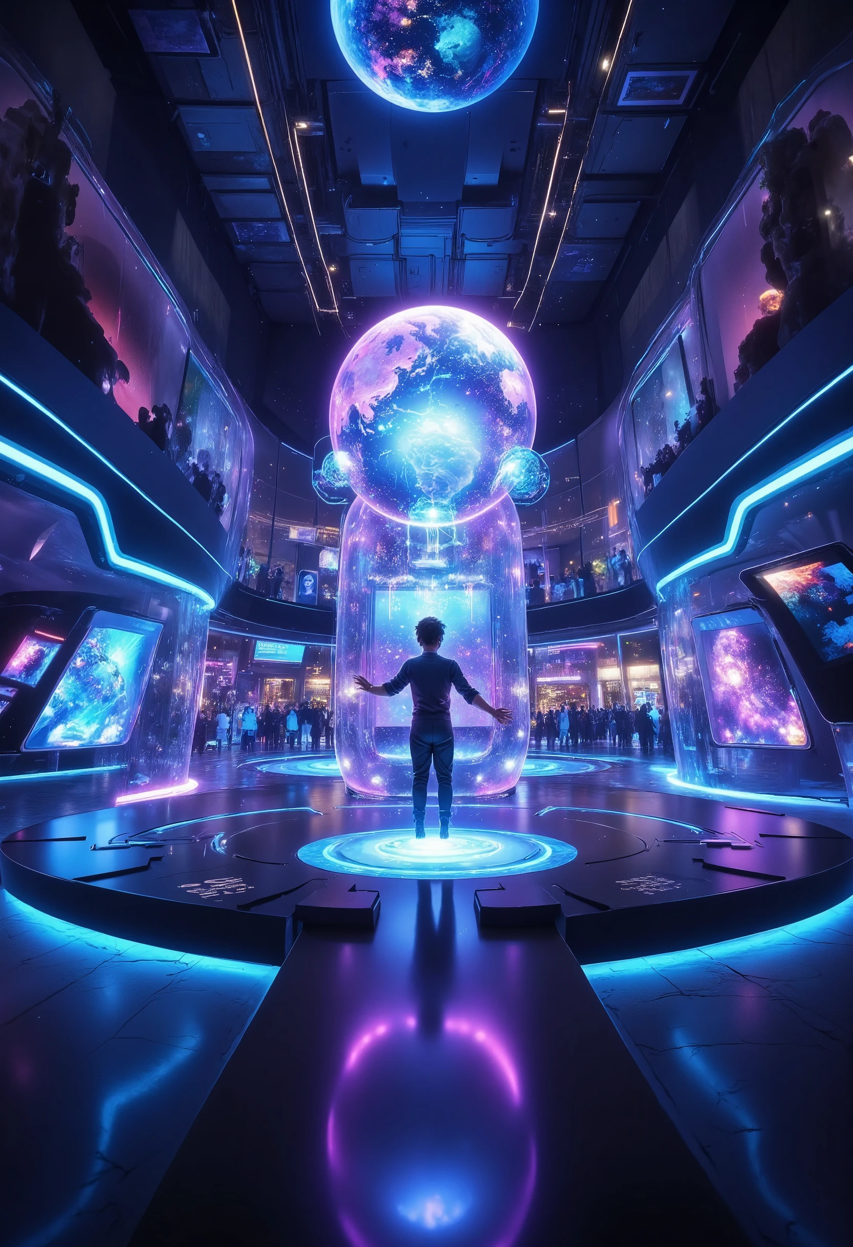 futuristic museum interior with a sleek and advanced design, blending transparent walls, curved architecture, and neon lighting, In the center, a holographic AI character is displayed, with animated expressions and translucent details, The AI character appears to be giving a virtual tour, with interactive UI elements and holographic panels floating around her, displaying information and visuals about the exhibits, The space is filled with ambient blue and purple lighting, and futuristic digital interfaces that blend seamlessly with the environment, creating a high-tech, imaginative atmosphere, The scene is highly detailed, with reflections and glowing effects enhancing the sci-fi and otherworldly feel, holographic earth