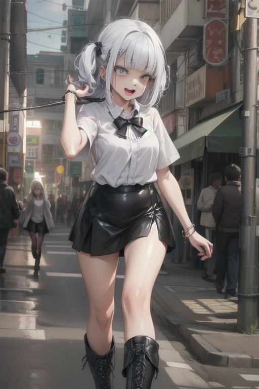 standing with legs apart、 3 cute anime girls, highest quality、ウルトラ - High resolution、High resolution、Detailed CG、8k unit wallpaper、20-year-old、beautiful and detailed eyes、(((Black leather skirt、white shirt、Black high-cut boots)))、(shiny body,:1.5)、 please be shy、(Ahegao:1.5)、(Stick out your tongue and drool)、full of embarrassment、spread your legs、safety work,Garbage dump in the downtown area at night 