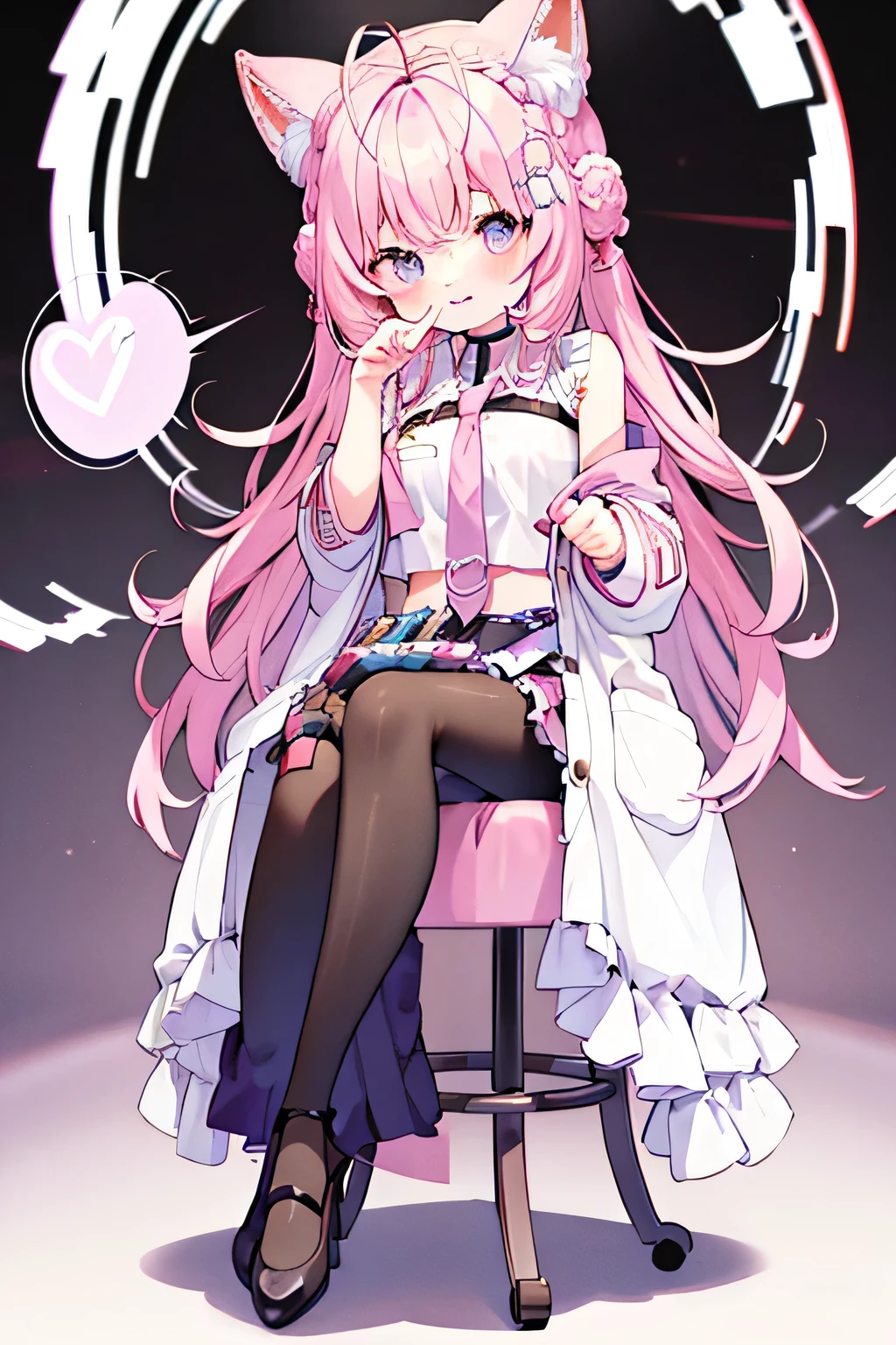 pink letterman jacket, pink hair, short hair, wolf ear, purple eyes, black long pants, full body, high quality, sitting, White background, ボタンのディテール, ボリュームのある髪,