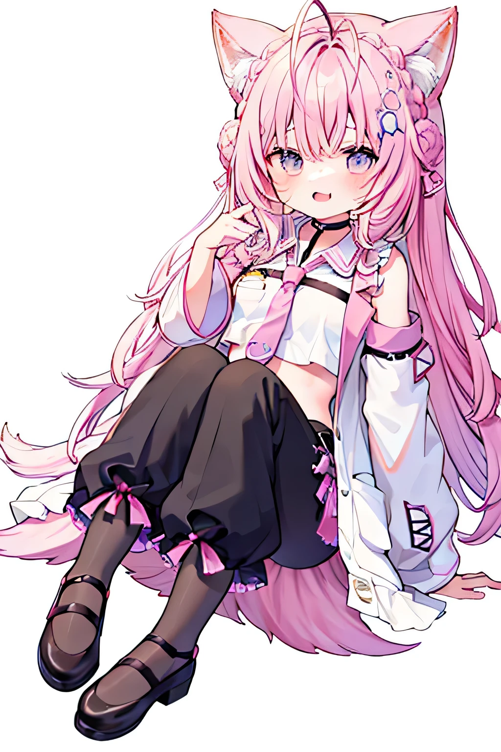 pink letterman jacket, pink hair, short hair, wolf ear, purple eyes, black long pants, full body, high quality, sitting, White background, ボタンのディテール, ボリュームのある髪,