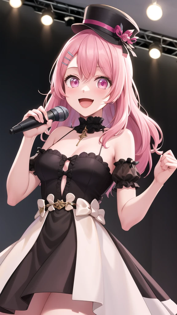 masterpiece, best quality, highres, 1girl, solo, long hair, pink hair, hairclip, bangs, pink eyes, dress, mini hat, idol clothes, smile, open mouth, stage, holding microphone,