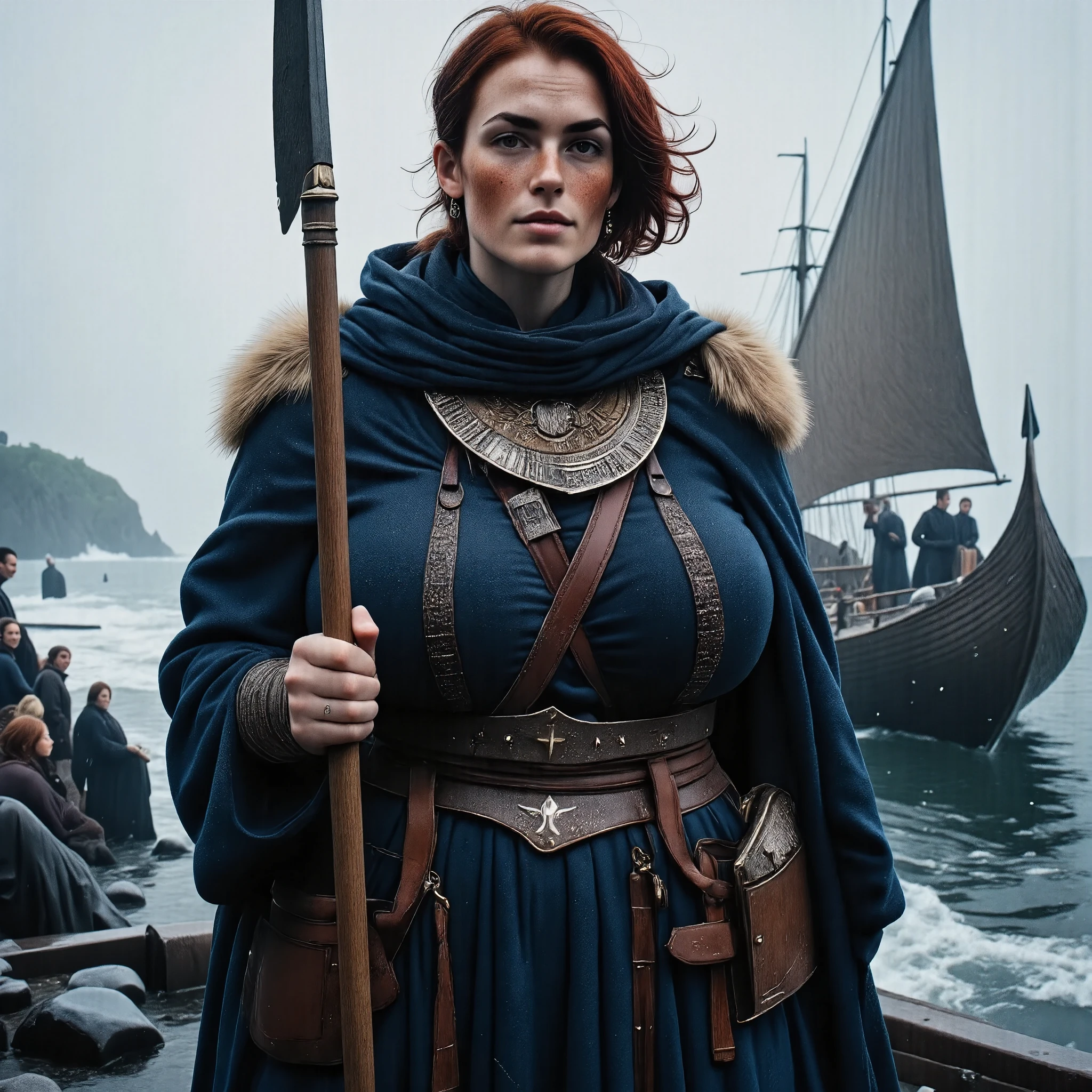 Photorealistic, cinematic style, a picture of a beautiful British woman dressed like a viking woman warrior. She's standing at the brow of a viking longship, looking far into the horizon. She's wearing a chainmail armour, woad blue robes. holding a long spear. She's got brown eyes, downturned eye shape, light skin and freckles, long reddish-brown hair, braided hairstyle. Grey sky, rain, grey and cold sea. Black rocks, fog. perfect hand,HDR, intricate details , 