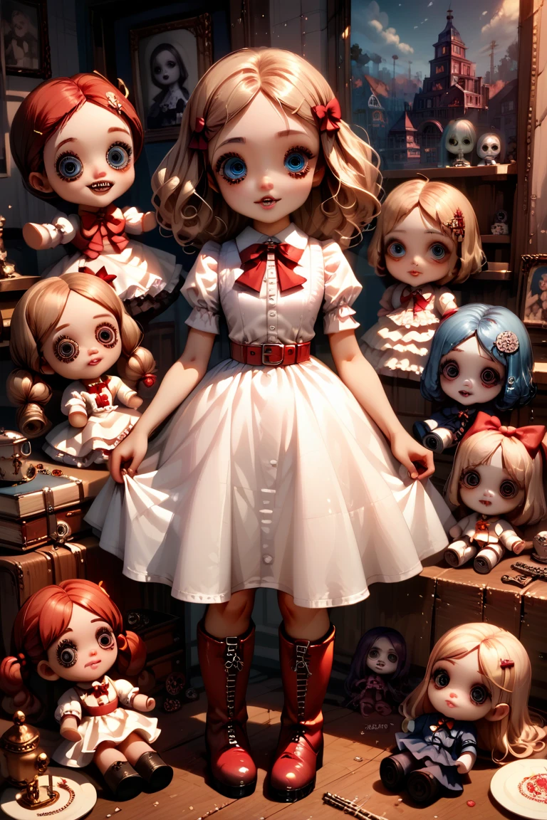 A doll girl , ( porcelain doll) , Annabelle the doll , (((horror))), Scarily adorable, White Dress, ,red belt,Blue eyes,boots, (AKDTFLPD),  wide hips,  big butt ,  Detailed eyes , beautiful eyes, ( masterpiece ), ( The best quality ) 