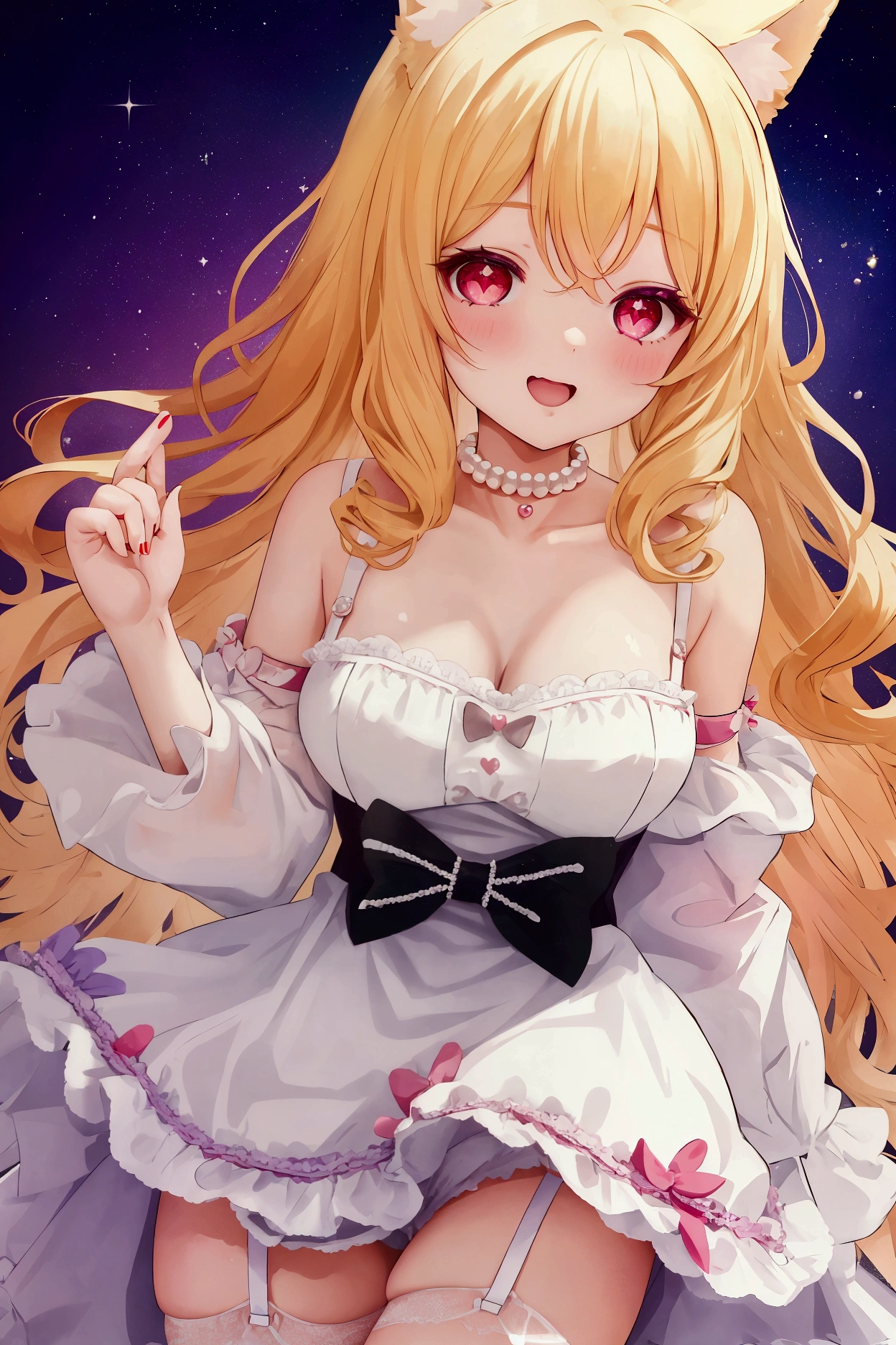 One girl, blonde hair, red eyes, sparkling eyes, laugh heartily, medium curly hair, dog ears, pearls choker, , lavender garter belt,