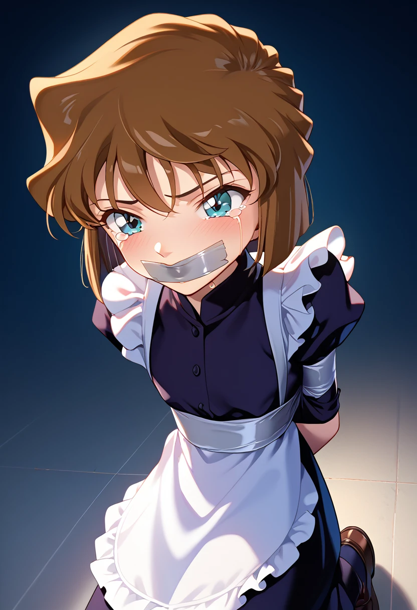 masterpiece,High resolution,Highest quality,8k(Detective Conan,ai haibara) (,,Flat Chest,Short,Brown Hair,short hair) ((Maid clothes))On all fours,From below,smile, bound, bondage, (arms behind back:1.4), bdsm, grey tape, tape bondage, close-up, restrained, best anatomy, half body, tape wrapped,  tightly bound, tape gagged, mouth taped, 1girl, solo, crying, tears