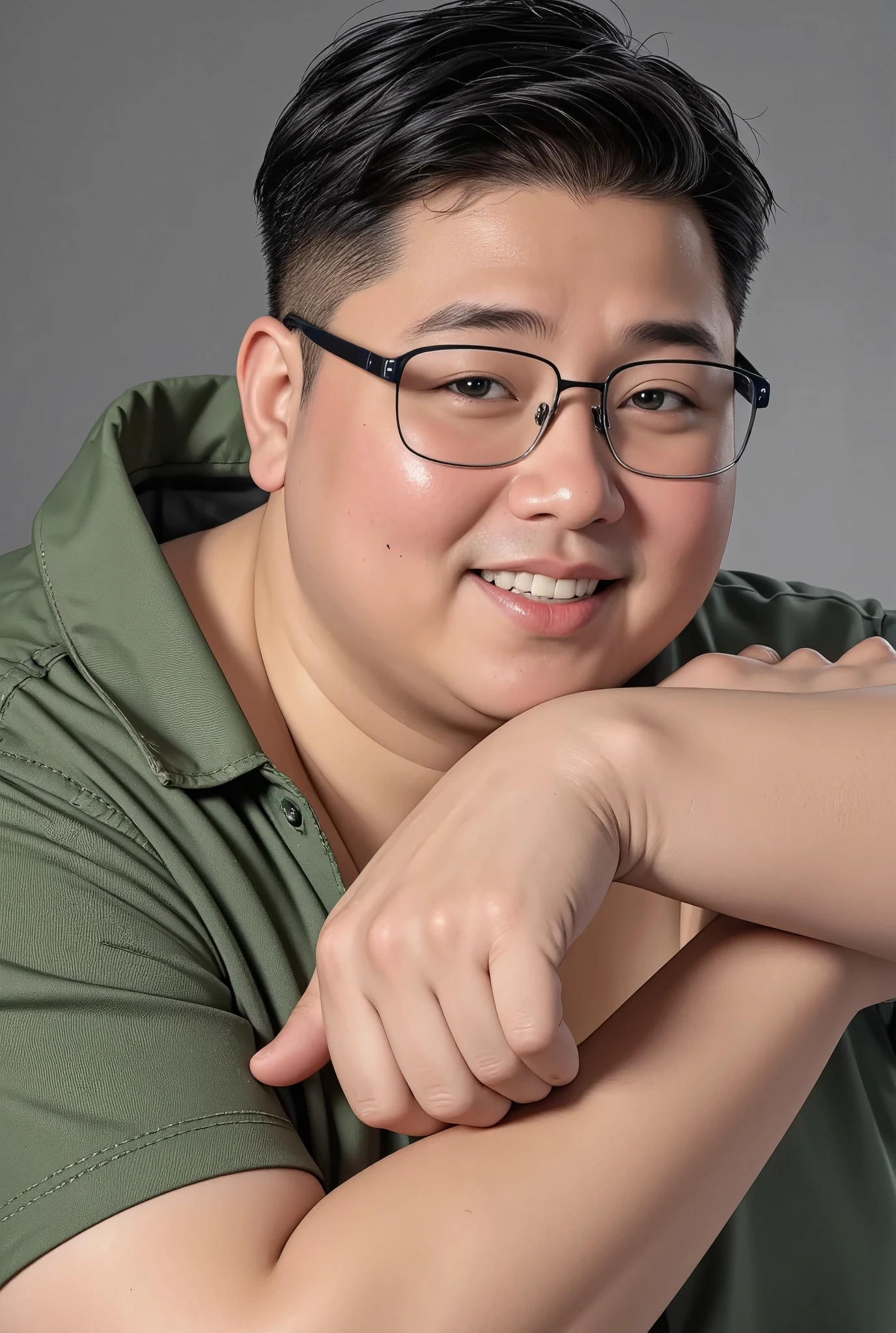 a chubby Thai-Chinese man with short hair, wearing stylish modern clothing and glasses, smiling happily, highly detailed portrait, realistic, photorealistic, extremely detailed face, beautiful detailed eyes, beautiful detailed lips, extremely detailed skin, detailed facial features, detailed clothing, studio lighting, 8k, best quality, masterpiece, 3D, closeup, portrait