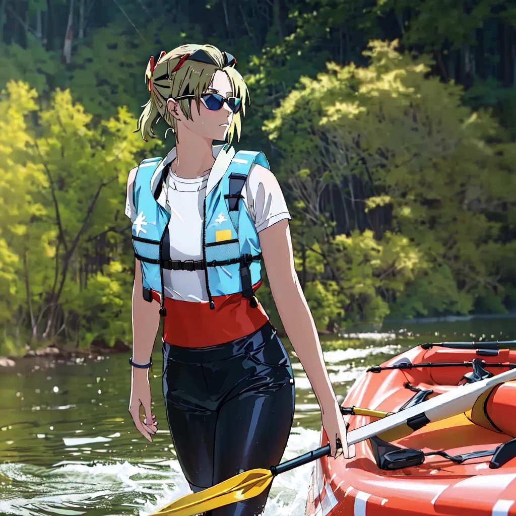 woman in a life jacket and sunglasses standing in a kayak, model is wearing techtical vest, on a kayak in a forest, sup, on a boat on a lake, blue demin low rise shorts, on a lake, tsukuyo from gintama, photo still, she is walking on a river, features, reflective, outdoors, technical vest, guide, easy, metallic neoprene woman, yellow t-shirt, blonde hair