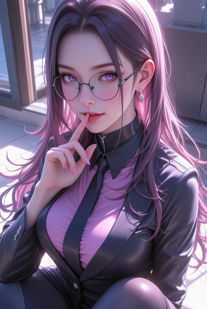  1 mature beautiful woman ,(Best Quality, Extremely Detailed Description , unbelievably absurd high definition,High quality anime drawings:2.0),( office lady,An excellent female secretary,Villainess,Glasses:2.3),( business suit ,Latex tight skirt,Formal Shirt,tie, Luxurious Accessories , black tights, High Heels ),(Purple Eyes,Crazy Eyes, half-closed eye:2.0, big chest,wicked smile:2.3,Glossy lips, looking for a tongue :2.0,Touching your mouth with your fingers:2.0,Beautiful legs, shiny skin,Seductive gestures:2.0,forward leaning posture),Full body image:2.0,