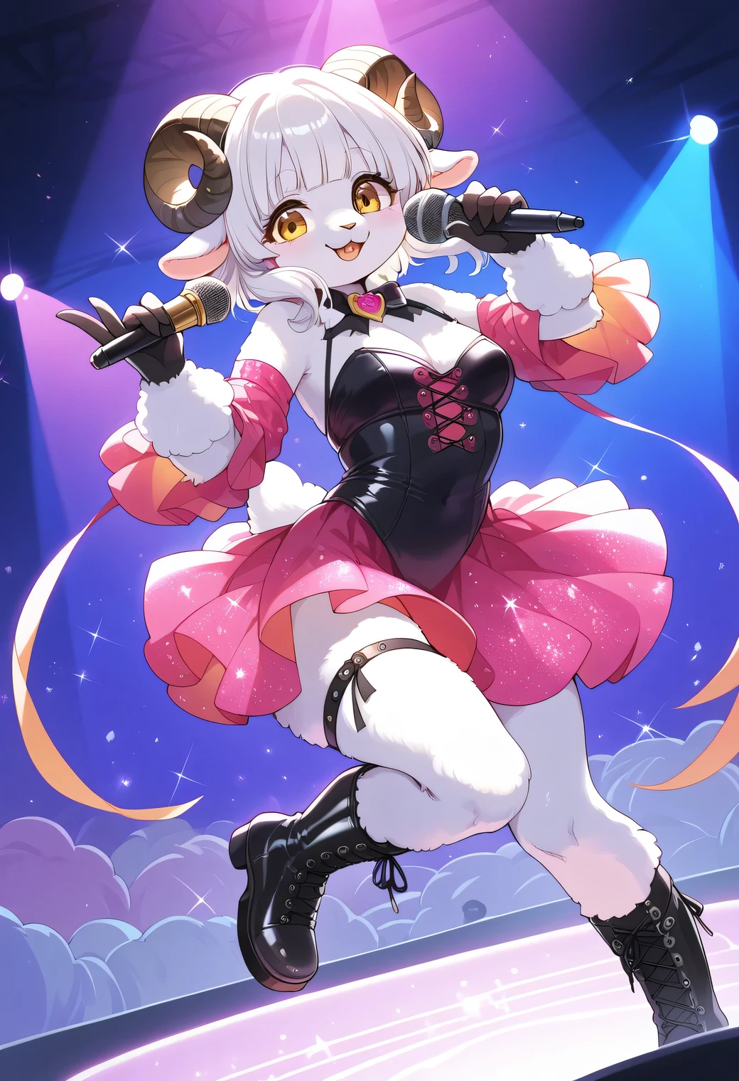 score_9, score_8_up, score_7_up, score_6_up, score_5_up, score_4_up, source_cartoon, best quality, amazing quality, very aesthetic, absurdres, 1girl, (furry, kemono:1.2), sheep girl, sheep horns, cute idol shining on a nighttime concert stage, a solo idol holding a microphone in the center of the stage and wearing a sparkling costume, an energetic performance scene illuminated by bright stage lights and colorful stage lights, sequins, glitter, and fringe, feathers, neon colors, gloves, boots,