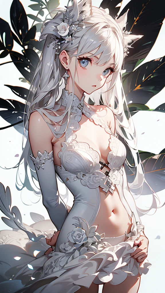 masterpiece，  best quality， white tiger，Wedding Dress， black and gray and white，petal，Fallen Leaves，whole body， pure white background，detailed face， perfect body proportions， sparkling eyes ，Sexy，Tattoo，Extremely beautiful，transparent，after_nude