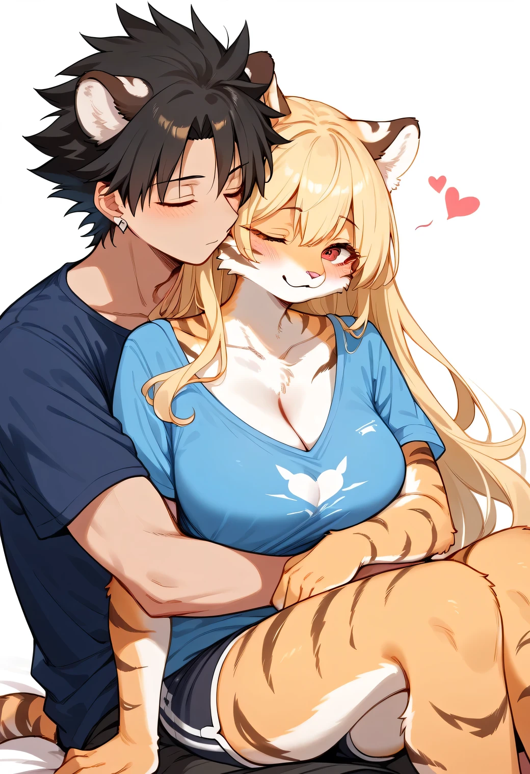 score_9, score_8_up, score_7_up, score_6_up, score_5_up, score_4_up, source_cartoon, best quality, amazing quality, very aesthetic, absurdres, 1girl, 1boy, (furry, kemono:1.3), tiger, tiger girl, tiger boy, hug from behind, hug, blonde hair, spiked hair, red eyes, shirt, couple, long hair, sitting, black hair, shorts, cleavage, collarbone, heart, blush, brown hair, earrings, closed eyes, blue shirt, white background, short sleeves, white shirt, jewelry, cuddling, t-shirt