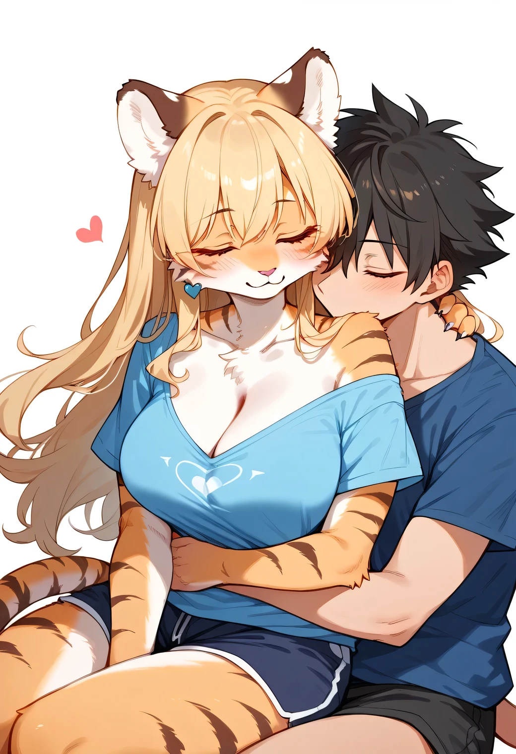 score_9, score_8_up, score_7_up, score_6_up, score_5_up, score_4_up, source_cartoon, best quality, amazing quality, very aesthetic, absurdres, 1girl, 1boy, (furry, kemono:1.3), tiger, tiger girl, tiger boy, hug from behind, hug, blonde hair, spiked hair, red eyes, shirt, couple, long hair, sitting, black hair, shorts, cleavage, collarbone, heart, blush, brown hair, earrings, closed eyes, blue shirt, white background, short sleeves, white shirt, jewelry, cuddling, t-shirt