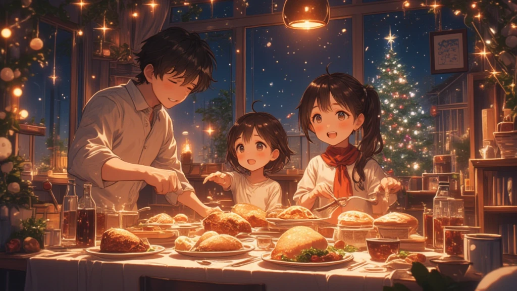 (Masterpiece, high quality, high definition, 4K, 8k,（（ anatomically correct human body 、Detailed face））detail、）、Christmas party scene at night 、Cute Animeスタイル、パパandママandお姉ちゃん（Junior high school students）and（10 years old）A family of 4 is 、 getting ready for a Christmas party 、 chicken and cake on the table 、bread、シャンbreadが並んでいる、 Christmas tree decorations are shining、Cute Anime 、（ anatomically correct human body 、Detailed face、）