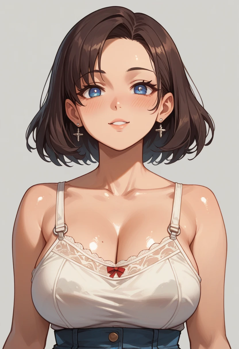 score_9, score_8_up, score_7_up,source_anime, high res image,masterpiece,best quality,(woman,big breasts:1),cute face,clear skin,shiny hair,ultra detailed eyes,simple background    holding panties, unworn panties,pee stain