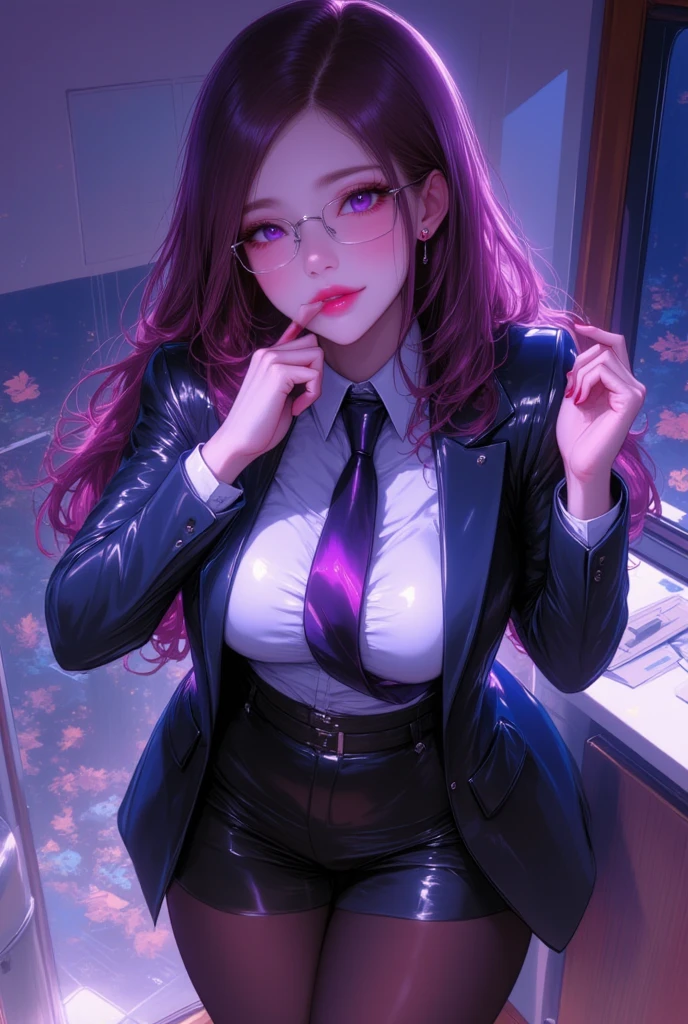  1 mature beautiful woman ,(Best Quality, Extremely Detailed Description , unbelievably absurd high definition,High quality anime drawings:2.0),( office lady,An excellent female secretary,Villainess,Glasses:2.3),( business suit ,Latex tight skirt,Formal Shirt,tie, Luxurious Accessories , black tights, High Heels ),(Purple Eyes,Crazy Eyes, half-closed eye:2.0, big chest,wicked smile:2.3,Glossy lips, looking for a tongue :2.0,Touching your mouth with your fingers:2.0,Beautiful legs, shiny skin,Seductive gestures:2.0,forward leaning posture),Full body image:2.0,