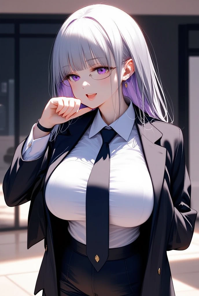  1 mature beautiful woman ,(Best Quality, Extremely Detailed Description , unbelievably absurd high definition,High quality anime drawings:2.0),( office lady,An excellent female secretary,Villainess,Glasses:2.3),( business suit ,Latex tight skirt,Formal Shirt,tie, Luxurious Accessories , black tights, High Heels ),(Purple Eyes,Crazy Eyes, half-closed eye:2.0, big chest,wicked smile:2.3,Glossy lips, looking for a tongue :2.0,Touching your mouth with your fingers:2.0,Beautiful legs, shiny skin,Seductive gestures:2.0,forward leaning posture),Full body image:2.0,