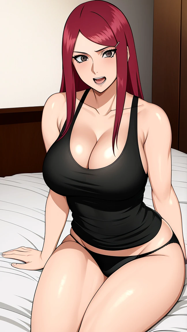 uzumaki_kushina, wear a black short tanktop, cleavage, panties, vagina, large_breasts, sitting, bedroom, solo,, masterpiece, best quality, detailed face, detailed eyes, highres, open mouth, covered in semen