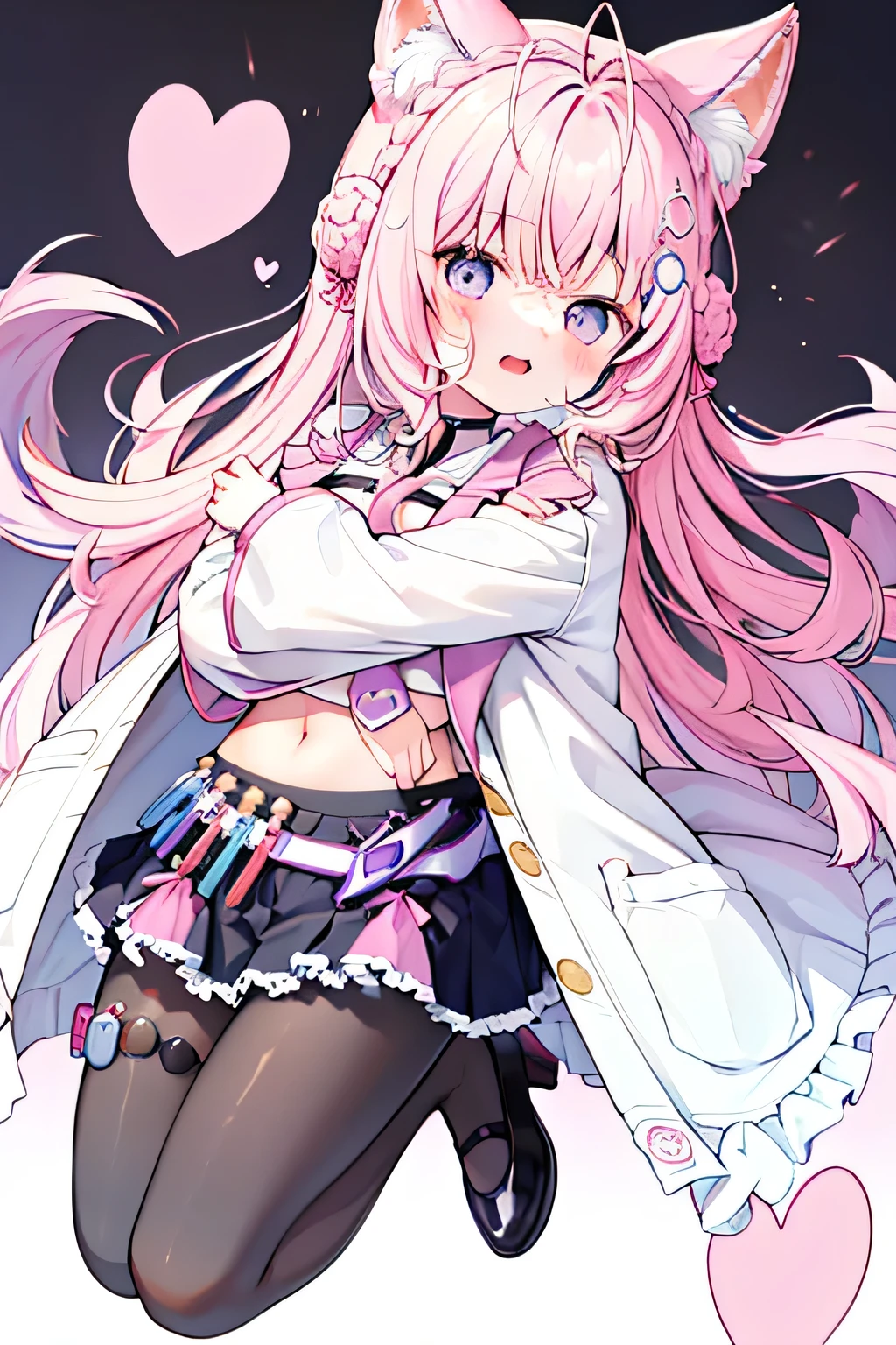 pink letterman jacket, pink hair, short hair, wolf ear, purple eyes, black long pants, full body, high quality, hug, White background, ボタンのディテール, ボリュームのある髪,