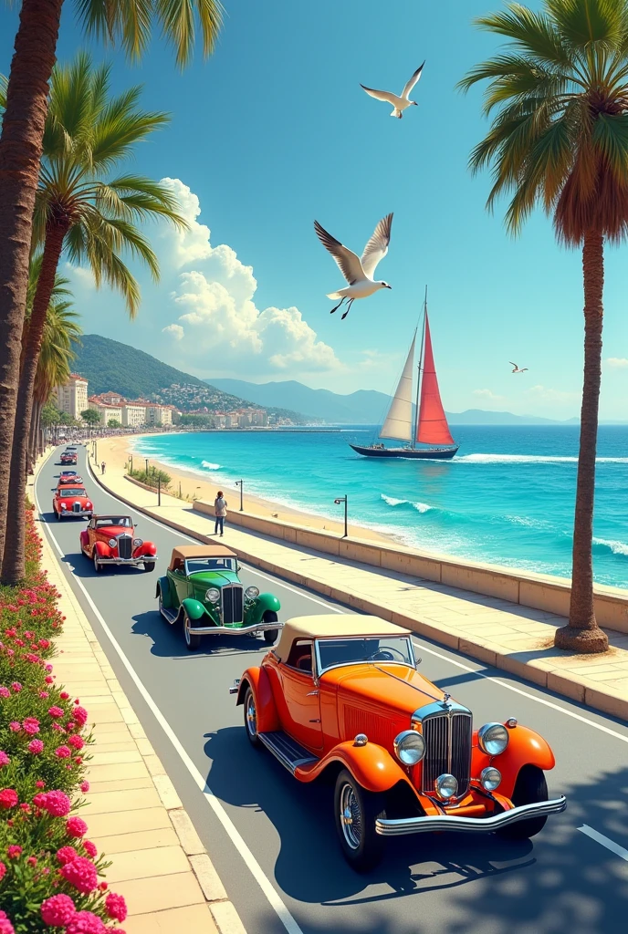 Photo magnifique de la promenade des Anglais, avec plein soleil et remplie de belles fleurs et de palmiers, sur une belle plage de sable, avec des magnifiques voitures anciennes des années 20, de toute les couleurs, qui passent sur la plage, et la mer à côté avec un magnifique voilier coloré avec les voiles dehors, qui passe sur la mer, avec un ciel bleu et des mouettes dans le ciel. Vision hyper réaliste 