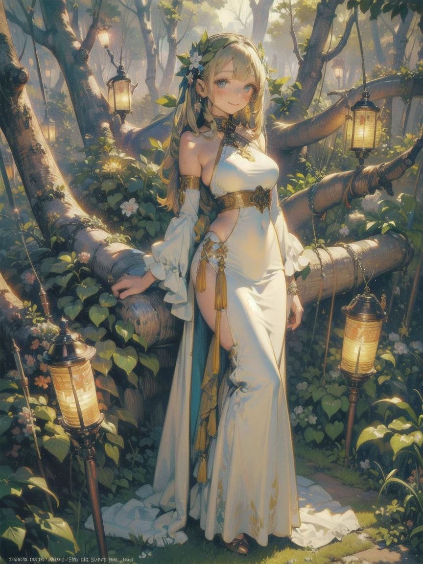 A sun elf, wearing only a sheer golden silk negligee greets the dawn kneeling and praying on a high mountain flower garden