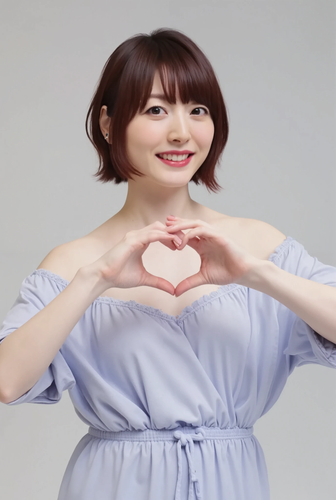 Only one woman with a cute smile is in a pose wearing off-shoulder pajamas, making a firm big heart shape with both hands, and holding them in front of her chest, View above collarbone、The background is a monotone 

