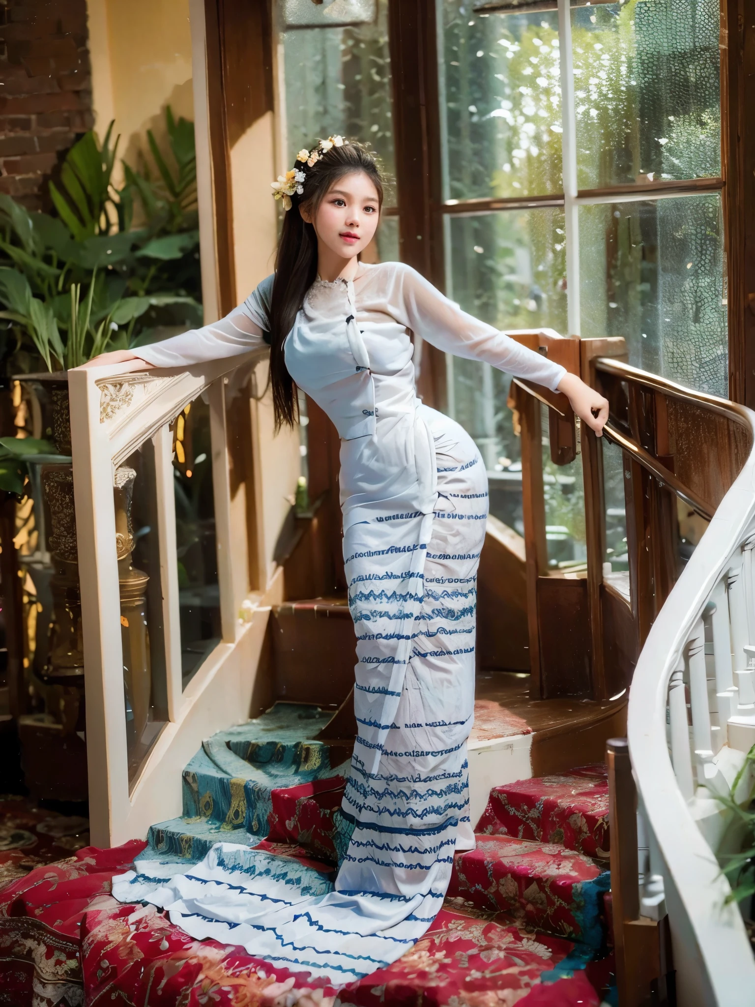 beautiful woman who delicately coming down the elegant classical staircase step by step, wearing Myanmar outfit dress, blue floral long skirt, long curly hair, indoors plants in background, stained glass window with sunlight, classic stair room, attractive pose, model poses, best quality, highres, 8k, masterpiece, photography, 22 years old, girl, long hair, real skin texture, slender figure, bright and shiny lips, Immersive Ambience, Chiaroscuro, Bright Light, Glow Lighting, delicate facial features, realistic, intricate details, warm colored