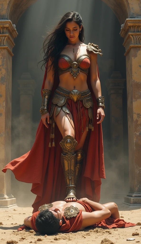 Tall and beautiful young Indian female warrior，Wear gold bikini armor and red battle robes，Gold-toned combat boots，Limbs were suspended separately by chains，A suction cup adsorbs between her thighs，A pained look on her face, nude
