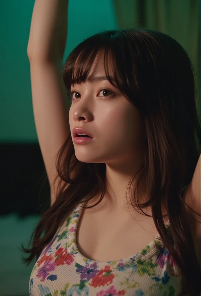 Perfect composition, Proper placement, extreme close up, Beautiful Japanese Women, glowing skin, (Sweating:1.8), Raise your arms:1.21, Brown Hair, Wavy Hair, brown eyes:1.21, Clear Eyes, Perfect Anatomy, Small Head, Floral print minimal bikini, A room in an old apartment at night, Neon Light, sexy, orgasm, Ecstasy, catharsis, Take off your clothes