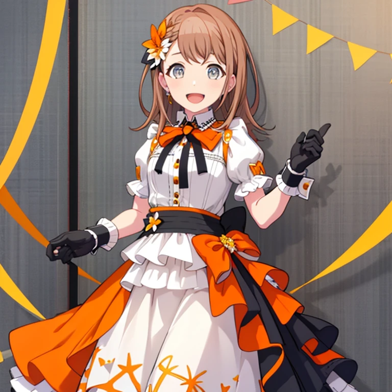 minori3rd, long hair, looking at viewer, smile, open mouth, skirt, shirt, hair ornament, gloves, dress, bow, ribbon, holding, jewelry, white shirt, braid, flower, short sleeves, :d, hair bow, earrings, frills, shorts, striped, puffy sleeves, collared shirt, belt, hand up, hair flower, hood, bowtie, bracelet, puffy short sleeves, fingernails, wrist cuffs, plaid, hands up, black ribbon, black bow, neck ribbon, buttons, leaf, stuffed toy, happy, stuffed animal, white flower, frilled sleeves, brooch, gem, vertical stripes, blue flower, light blush, outline, gold trim, black belt, brown skirt, high collar, yellow flower, orange bow, orange background, dot nose, collared dress, center frills, hair behind ear, white outline, striped background, diagonal stripes, clover, orange flower, orange ribbon, brown ribbon, , string of flags, whipped cream, single horizontal stripe, doily