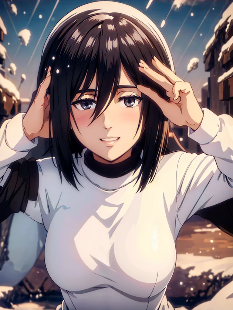 Mikasa ackerman, girl, snow fall, heavy snow fall, night time, winter open zip black colour sweater, white stockings, looking at viwer,hands up, perfect body, perfect anatomy, perfect body, perfect finger, perfect legs,best art,high resolution,8k resolution,8k quality,best quality artwork, award winning, beautiful girl, beautiful face,1girl,solo,shaonv,fur-trimmed coat,smile,black coat, smooth colours, perfect body colour,