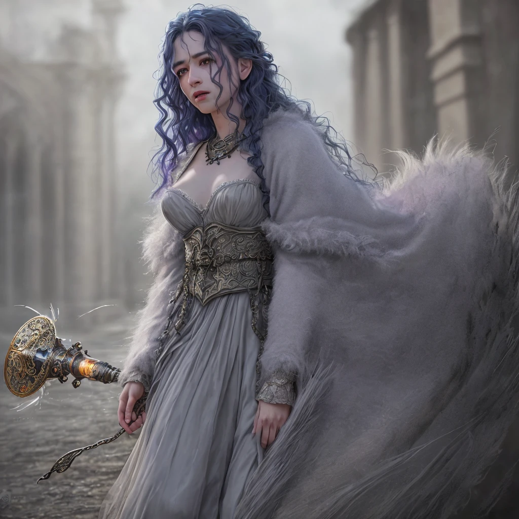 4 armed fae witch with long curly blue hair,lavender eyes,thin lips,round face,light gray skin,mystical being,enormous breasts,wide hips,thick thighs,wearing bear fur cloak,medieval witch attire,mystical creature,dark gloomy scene,(best quality,4k,8k,highres,masterpiece:1.2),ultra-detailed,(realistic,photorealistic,photo-realistic:1.37),HDR,UHD,studio lighting,ultra-fine painting,sharp focus,physically-based rendering,extreme detail description,professional,vivid colors,bokeh,dark fantasy,dark art,chiaroscuro,moody lighting