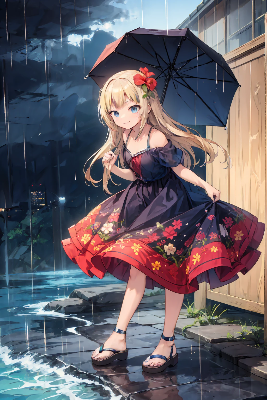 (8k,  super quality, masterpiece), ( Details),  one woman, cute,  small breasts, blonde, Navy Blue Dress, Floral, Hawaiian Dress, Sandals, whole body, rain, Don&#39;t use an umbrella, soaked,  like a , The best smile, Water Drop, My clothes are wet and shining,  splash , The Great Flood,  with their bodies glued together , Lots of water, 