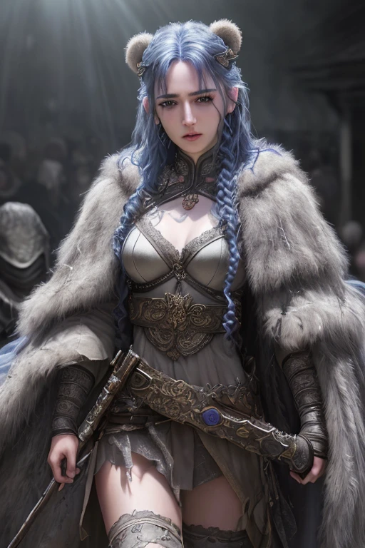 4 armed fae witch with long curly blue hair,lavender eyes,thin lips,round face,light gray skin,mystical being,enormous breasts,wide hips,thick thighs,wearing bear fur cloak,medieval witch attire,mystical creature,dark gloomy scene,(best quality,4k,8k,highres,masterpiece:1.2),ultra-detailed,(realistic,photorealistic,photo-realistic:1.37),HDR,UHD,studio lighting,ultra-fine painting,sharp focus,physically-based rendering,extreme detail description,professional,vivid colors,bokeh,dark fantasy,dark art,chiaroscuro,moody lighting