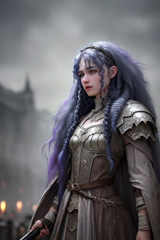 4 armed fae witch with long curly blue hair,lavender eyes,thin lips,round face,light gray skin,mystical being,enormous breasts,wide hips,thick thighs,wearing bear fur cloak,medieval witch attire,mystical creature,dark gloomy scene,(best quality,4k,8k,highres,masterpiece:1.2),ultra-detailed,(realistic,photorealistic,photo-realistic:1.37),HDR,UHD,studio lighting,ultra-fine painting,sharp focus,physically-based rendering,extreme detail description,professional,vivid colors,bokeh,dark fantasy,dark art,chiaroscuro,moody lighting