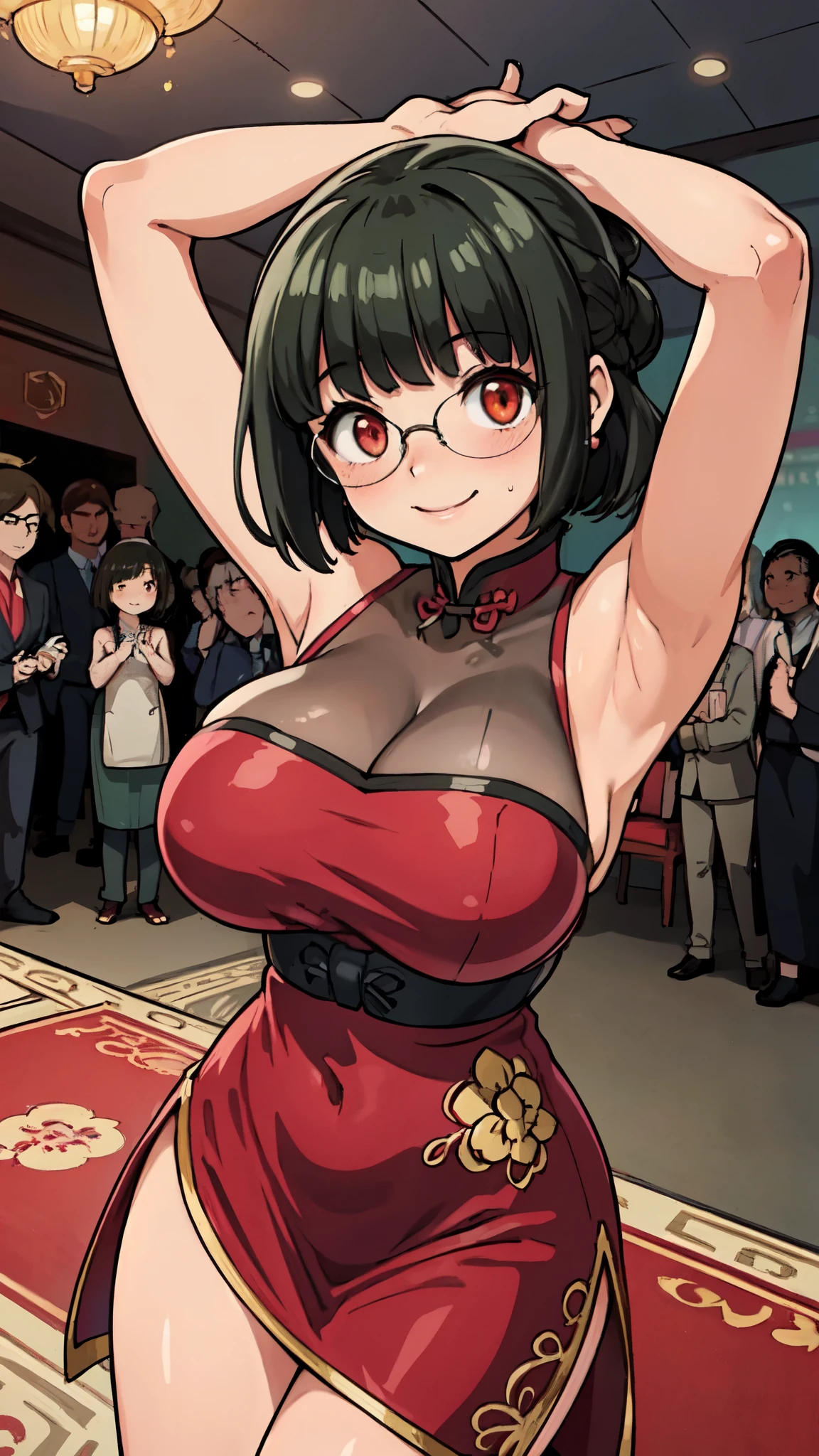 ( PERFECT BODY ),Best Quality,( 8K Portrait ),(Official Art)、(nsfw)、21-year-old woman、 one girl playing pranks、( embarrassing、smile:1.5)、((blush、 hands behind their heads))、(Big Breasts:1.4)、(( THICK THIGS ))、( bob cut 、Blunt Bangs:1.3)、(( red china dress、Qipao))、(Black Hair、Red eyes)、Glasses、( party venue、 red carpet、 chandelier)