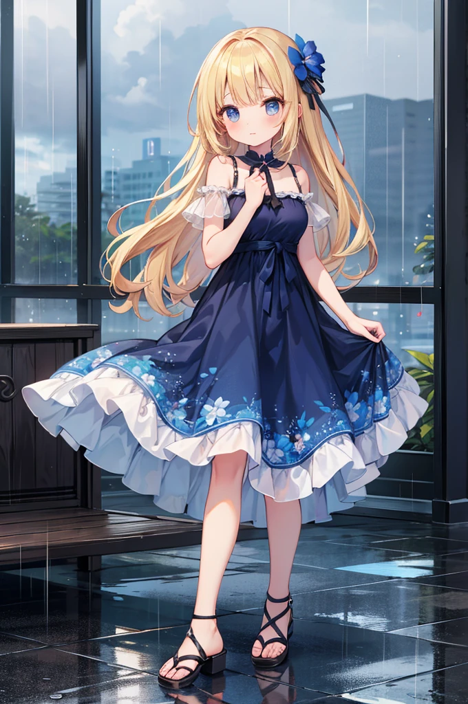 (8k,  super quality, masterpiece), ( Details),  one woman, cute,  small breasts, blonde, Navy Blue Dress, Floral, Hawaiian Dress, Sandals, whole body, rain, Don&#39;t use an umbrella, soaked,  like a , The best smile, Water Drop, My clothes are wet and shining,  splash , The Great Flood,  with their bodies glued together , Lots of water, 