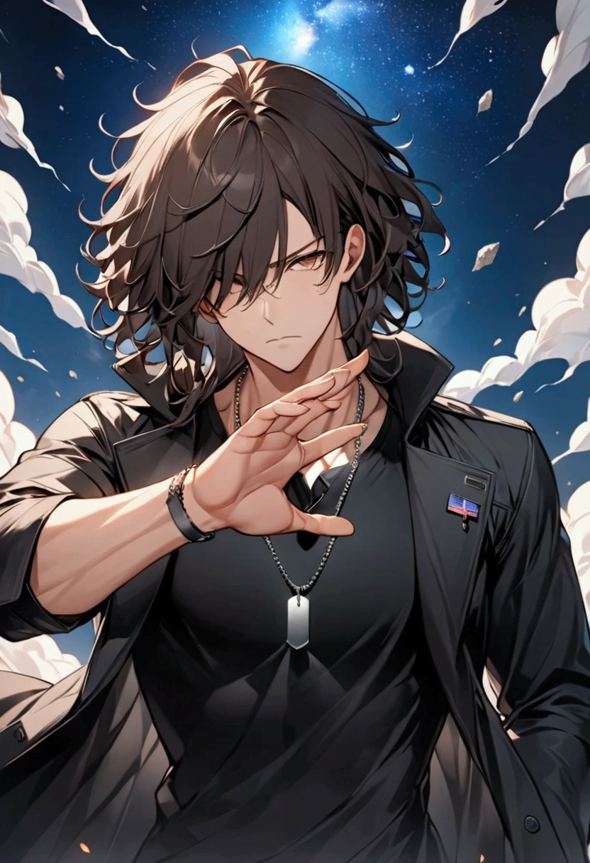 (masterpiece,  best quality:1.2), Wild medium haired young man with dark hair "Kurusu ", clothing: Dog tag necklace wearing a black t-shirt and a black long coat with a deep collar,  upper body focus ,  Bust Up Shot,simple background with a starry sky on one side,  raising his right hand with a serious expression （Pose where the right hand is ajar and the back of the hand is turned outward and the right wrist is grabbed with the left hand）,Rin々Shi, cool design art , best quality, shape,  very detailed, fine,  high definition, 8k wallpaper, Biologically accurate depiction, real 2D digital art,A black energy rises violently from all over the body, and debris floats around,psychic action hero,